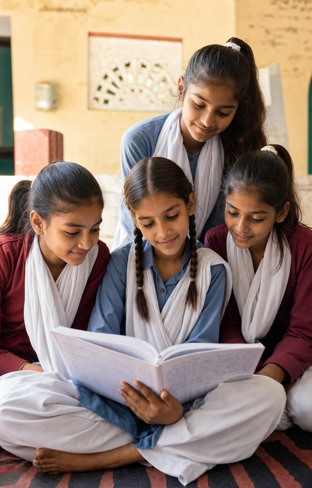 Schoolgirls learning together from an open notebook