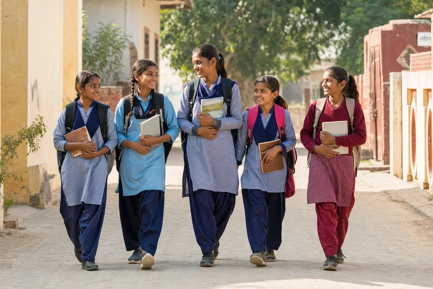 Indian schoolgirls walking to school together with books and backpacks