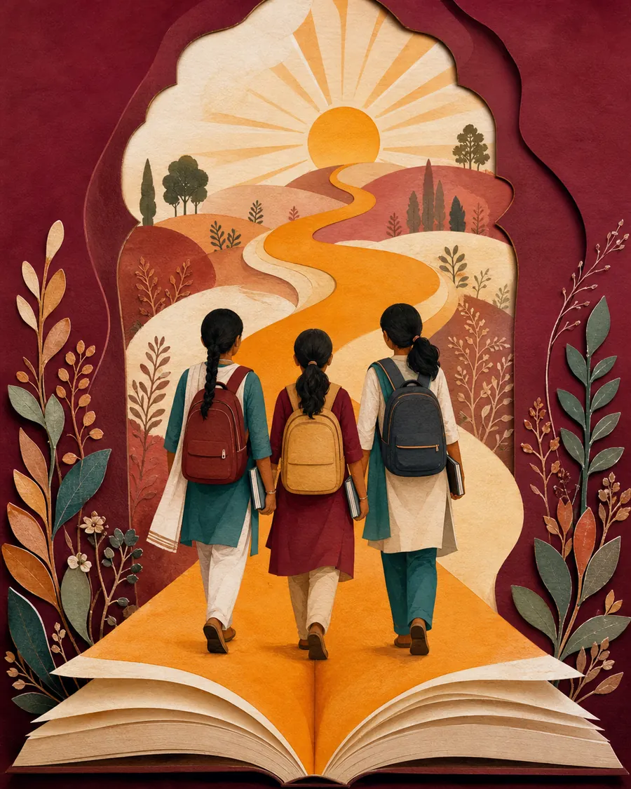 Illustration of three girls walking from an open book toward a sunrise