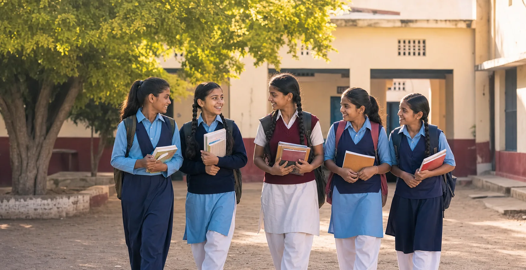 Five Indian schoolgirls arriving at school together with books and backpacks