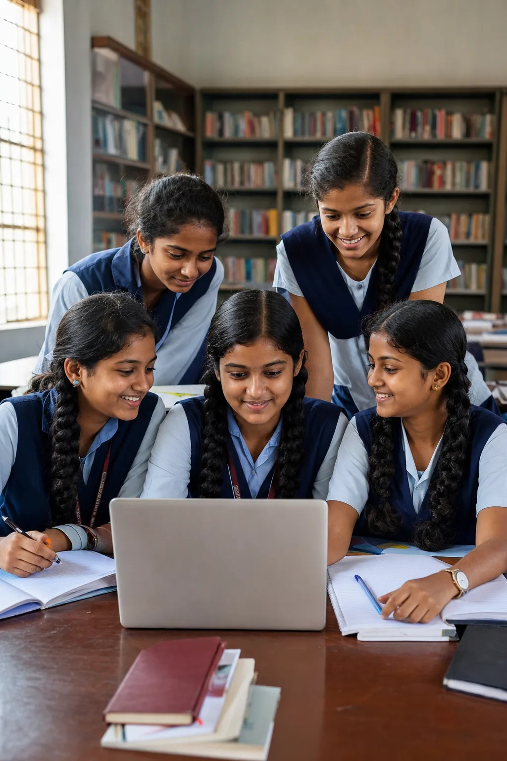 Indian schoolgirls collaborating with a laptop and notebooks in a library