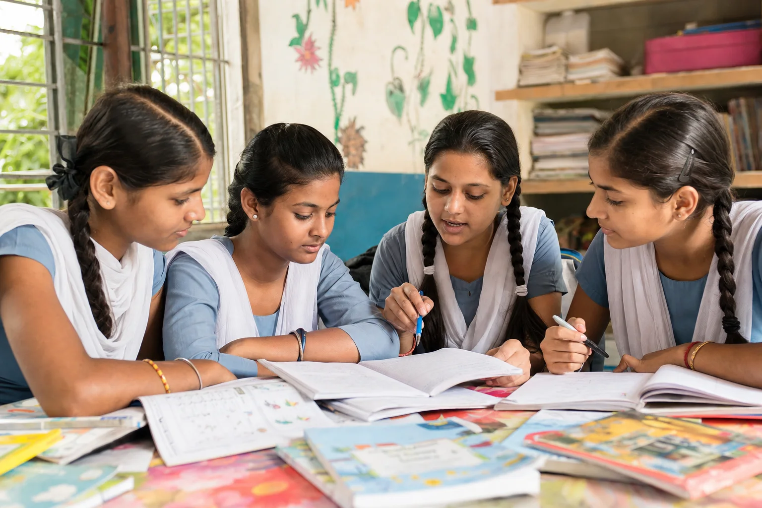 Four Indian schoolgirls studying together in a community classroom