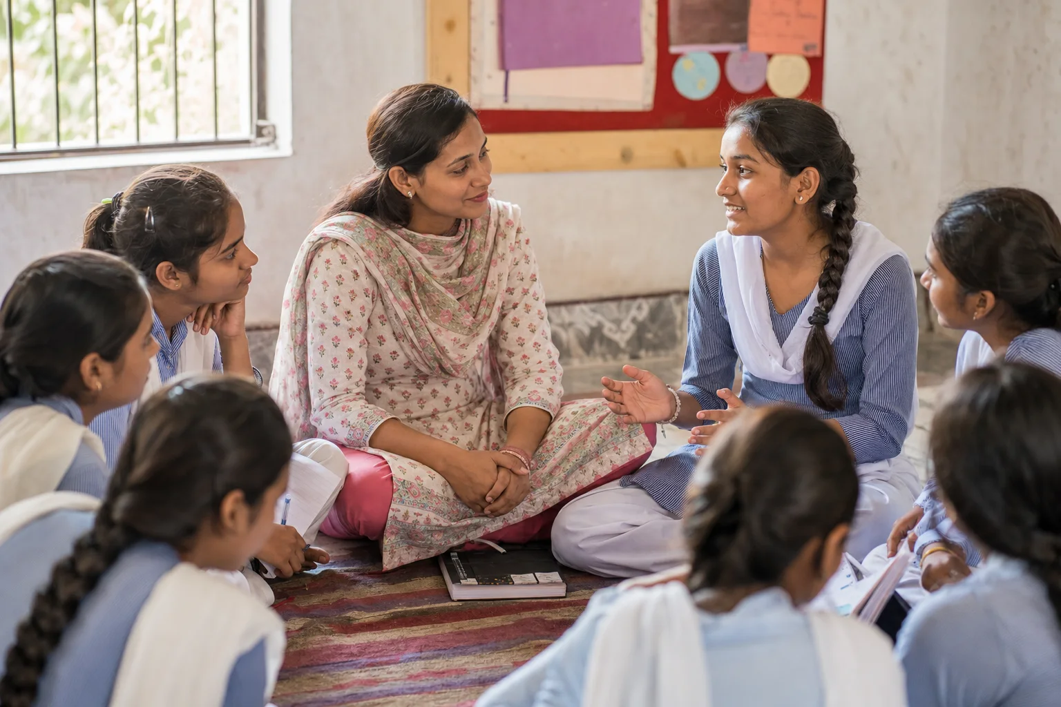 Schoolgirls taking part in a supportive safety circle with a female counsellor